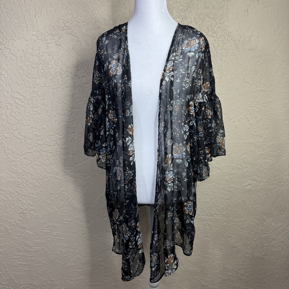 American Eagle Black Boho Kimono Womens XS Sheer Ruffle Bell Sleeve Dark Fairy